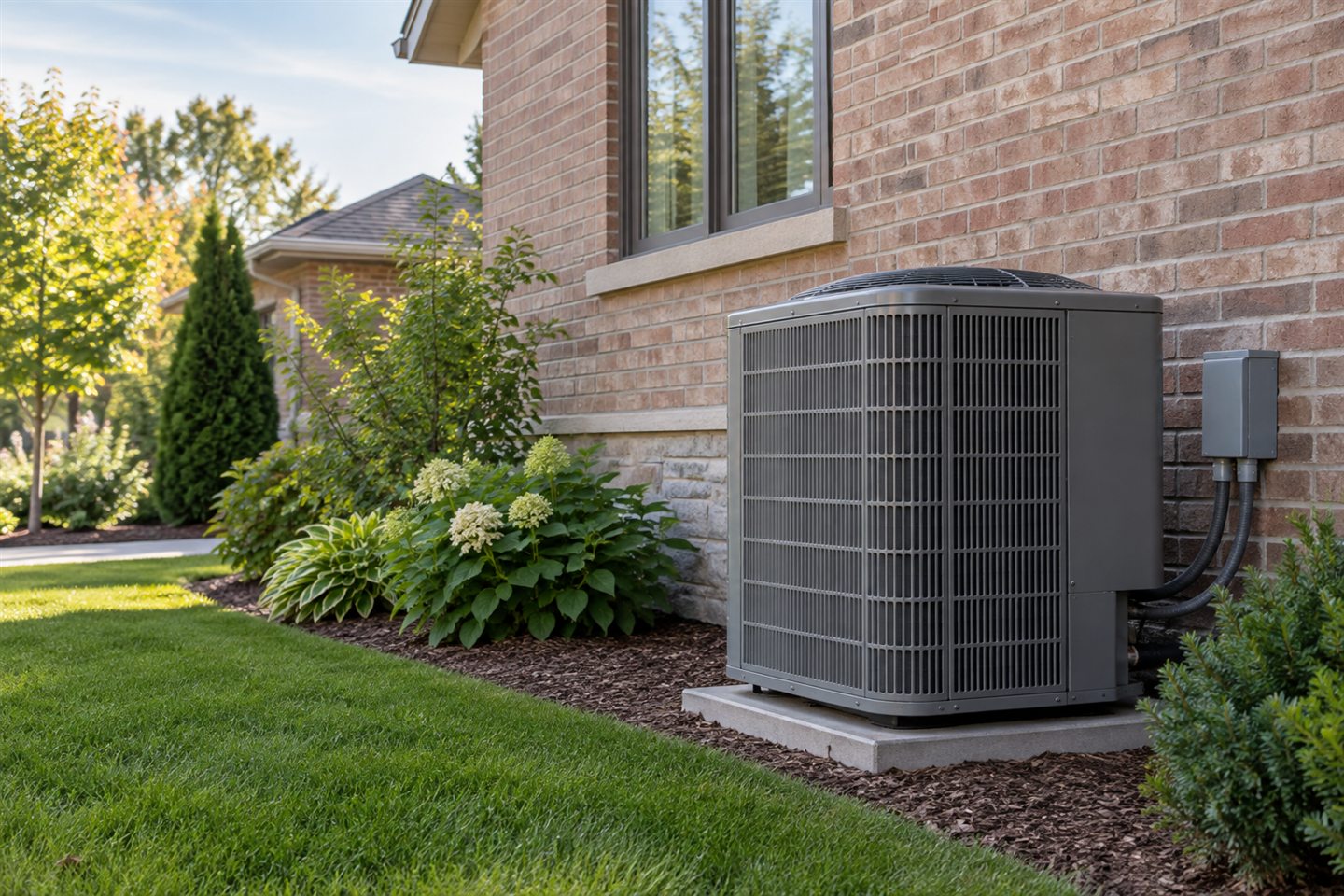 Residential outdoor home-comfort equipment beside a brick home